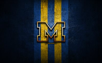 Michigan Wolverines, golden logo, NCAA, blue metal background, american football club, Michigan Wolverines logo, american football, USA