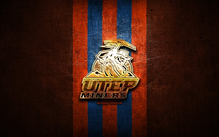 UTEP Miners, golden logo, NCAA, orange metal background, american football club, UTEP Miners logo, american football, USA