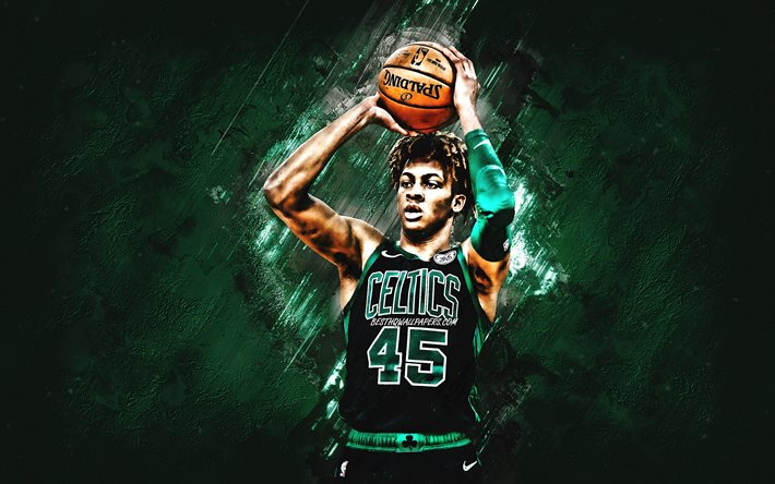 Romeo Langford, NBA, Boston Celtics, green stone background, American Basketball Player, portrait, USA, basketball, Boston Celtics players, Romeo James Langford