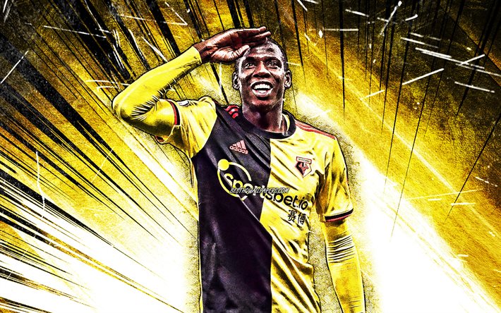 4K, Abdoulaye Doucoure, grunge art, french footballers, Watford FC, England, soccer, Premier League, yellow abstract rays, Abdoulaye Doucoure Watford