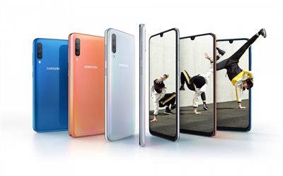Samsung Galaxy A50, modern smartphone, modern teknik, smartphone p&#229; en vit bakgrund, Samsung
