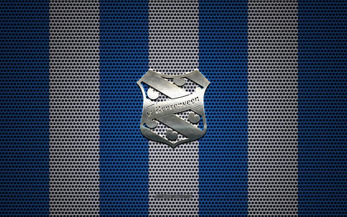 SC Heerenveen-logo, Hollantilainen jalkapalloseura, metalli-tunnus, sininen valkoinen metalli mesh tausta, SC Heerenveen, Eredivisie, Heerenveen, alankomaat, Alankomaat, jalkapallo