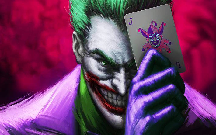 Joker con tarjeta, 4k, 3D, arte, supervillano, fan art, Joker, juegos de cartas, obras de arte, Bromista 4K
