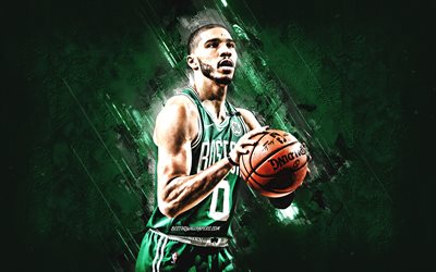 Jayson Tatum, NBA, Boston Celtics, green stone background, American Basketball Player, portrait, USA, basketball, Boston Celtics players