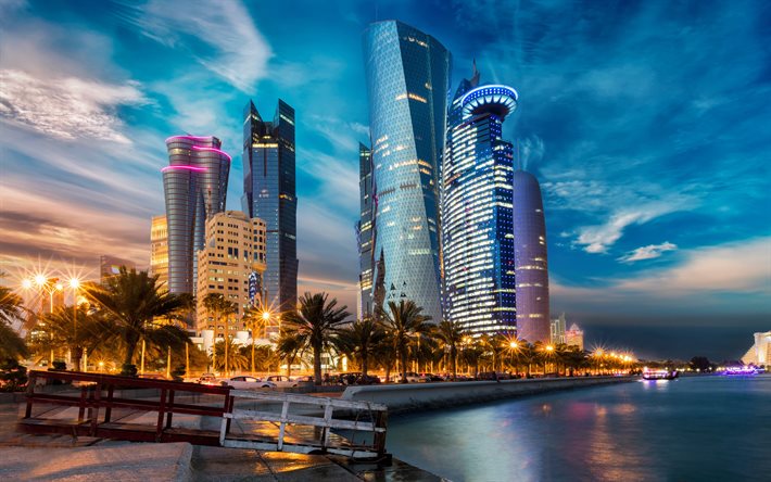 Doha, 4k, paesaggi notturni, terrapieno, grattacieli, edifici moderni, Qatar, Asia, HDR
