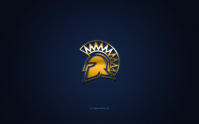 San Jose State Spartans logo, American football club, NCAA, golden logo, blue carbon fiber background, American football, San Jose, California, USA, San Jose State Spartans