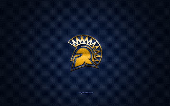 San Jose State Spartans logo, American football club, NCAA, kultainen logo, sininen hiilikuitu tausta, Amerikkalainen jalkapallo, San Jose, California, USA, San Jose State Spartans