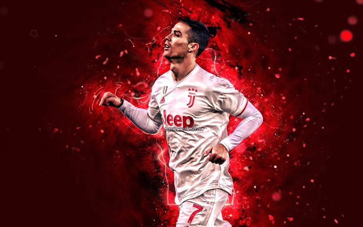 4k, Cristiano Ronaldo, red neon lights, Juventus FC, CR7, new hairstyle, portuguese footballers, Italy, Bianconeri, red uniform, soccer, football stars, Serie A, CR7 Juve