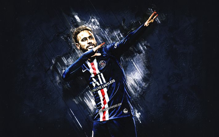 Neymar, futbolista Brasileño, el París Saint-Germain, el retrato, el PSG, la estrella del fútbol, la piedra azul de fondo, de la liga 1 de fútbol, Neymar Jr