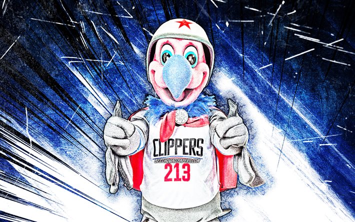 4k, Chuck le Condor, grunge de l&#39;art, de la mascotte, Los Angeles Clippers, NBA, cr&#233;atif, etats-unis, Los Angeles Clippers de la mascotte, abstrait bleu de rayons, de la NBA, mascottes, mascotte officielle, Chuck le Condor de la mascotte, LA Clip