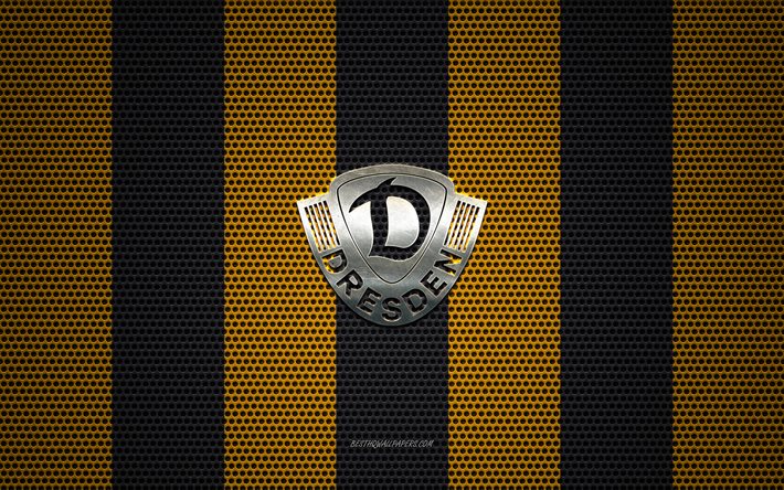 SG Dynamo Dresden-logotyp, Tysk fotboll club, metall emblem, gul svart metalln&#228;t bakgrund, SG Dynamo Dresden, Bundesliga 2, Dresden, Tyskland, fotboll