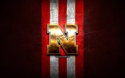 Nebraska Cornhuskers, altın logo, NCAA, kırmızı metal arka plan, Amerikan Futbol Kul&#252;b&#252;, Nebraska Cornhuskers logo, Amerikan Futbolu, ABD
