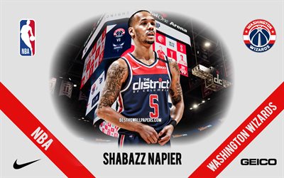 Shabazz Napier, Washington Wizards, Amerikansk Basketspelare, NBA, portr&#228;tt, USA, basket, Capital One Arena, Washington Wizards logotyp