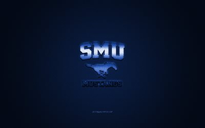 SMU Mustangsロゴ, アメリカのサッカークラブ, NCAA, 青色のロゴ, ブルーカーボンファイバの背景, アメリカのサッカー, ダラス, テキサス州, 米国, SMU Mustangs, アメリカ-サザンメソジスト大学