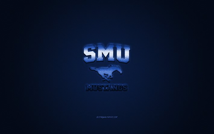 SMU Mustangs logo, American football club, NCAA, blue logo, blue carbon fiber background, American football, Dallas, Texas, USA, SMU Mustangs, Southern Methodist University