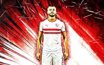 4K, Mahmoud El Wensh, grunge art, egyptian footballers, Zamalek FC, Egyptian Premier League, soccer, football, red abstract rays, Zamalek SC, Mahmoud El Wensh Zamalek
