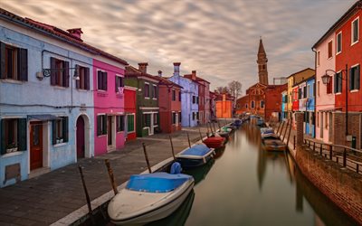 Burano, ヴェネツィア, 運河, 島, ヴェネツィアのラグーン, 夜, 夕日, 美しい建物, イタリア