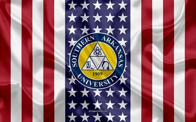Southern Arkansas University Emblem, American Flag, Southern Arkansas University logo, Magnolia, Arkansas, USA, Emblem of Southern Arkansas University