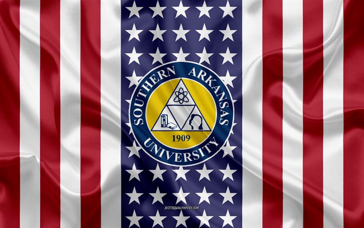 Sul De Arkansas Universidade Emblema, Bandeira Americana, Sul de Arkansas logomarca da Universidade, Magnolia, Arkansas, EUA, Emblema do Sul de Arkansas Universidade