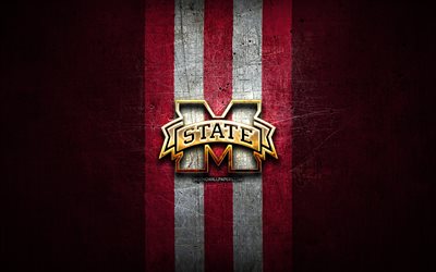 Mississippi State Bulldogs, golden logo, NCAA, purple metal background, american football club, Mississippi State Bulldogs logo, american football, USA