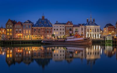 Maassluis, 夜, 町並み, 建物, 船, オランダ