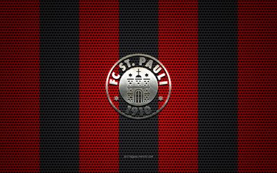FC St Pauli logo, German football club, metal emblem, red black metal mesh background, FC St Pauli, 2 Bundesliga, Hamburg, Germany, football