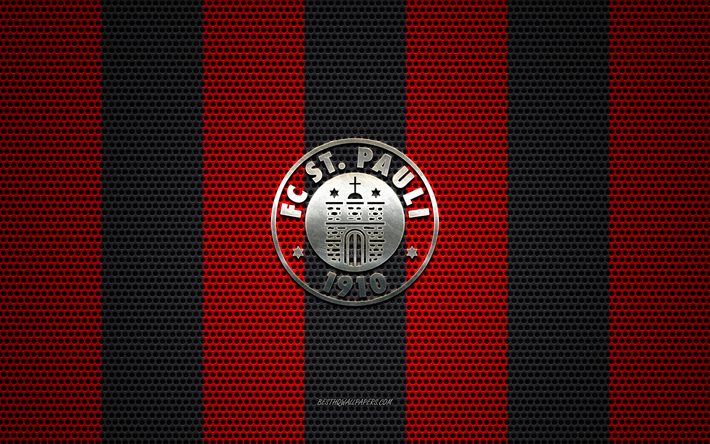 FC St Pauli logo, German football club, metal emblem, red black metal mesh background, FC St Pauli, 2 Bundesliga, Hamburg, Germany, football