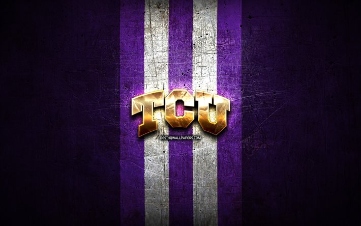 TCU Horned Frogs, kultainen logo, NCAA, violetti metalli tausta, american football club, TCU Horned Frogs-logo, amerikkalainen jalkapallo, USA