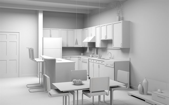 白3dキッチンプロジェクト, 3d白いキッチン家具, キッチンの概念, 3dモデルキッチン