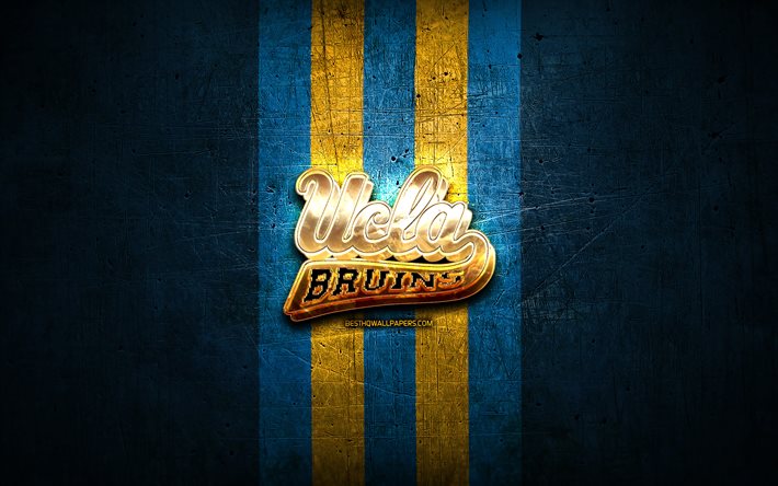 UCLA Bruins, golden logo, NCAA, blue metal background, american football club, UCLA Bruins logo, american football, USA