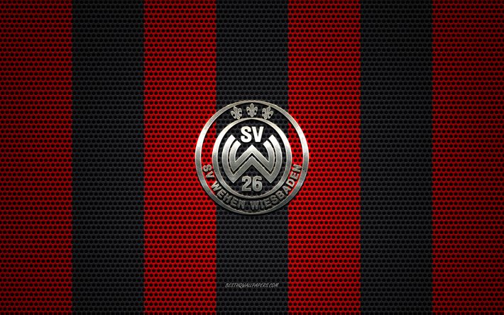 SV Wehen Wiesbaden logo, Saksalainen jalkapalloseura, metalli-tunnus, punainen musta metalli mesh tausta, SV Wehen Wiesbaden, 2 Bundesliga, Wiesbaden, Saksa, jalkapallo