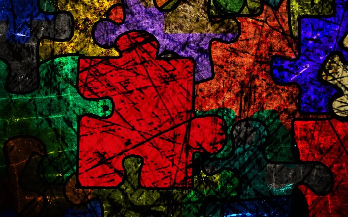 colorful puzzles, 4k, grunge art, puzzles patterns, creative, background with puzzles, artwork, puzzles