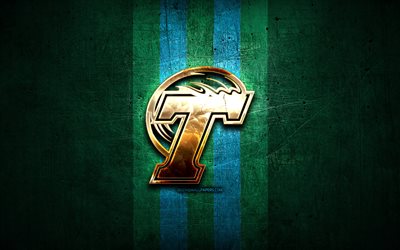 Tulane Green Wave, golden logo, NCAA, green metal background, american football club, Tulane Green Wave logo, american football, USA