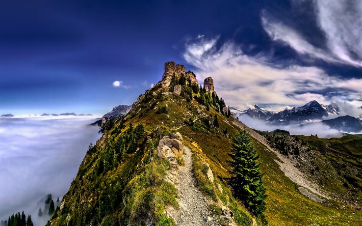 Bernesi, Alpi, montagne, nuvole, montagna, estate, paesaggio di montagna, Svizzera