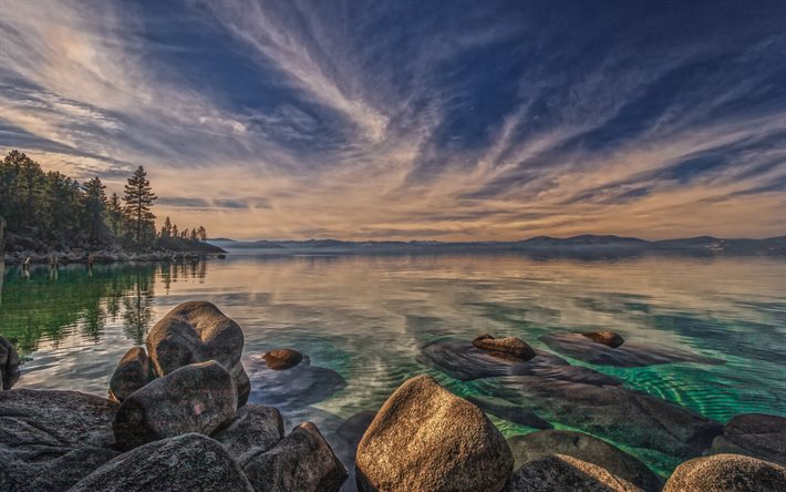 Lake Tahoe, mountain lake, kv&#228;ll, sunset, bergslandskapet, sj&#246;n, Sierra Nevada, USA