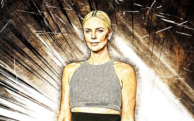 4k, Charlize Theron, grunge art, Hollywood, american celebrity, movie stars, beauty, brown abstract rays, american actress, superstars, Charlize Theron 4K