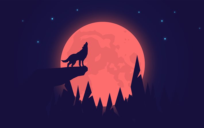 lobo silueta, 4k, noche, luna, depredador, la soledad, concepto, creativo, paisajes abstractos, lobo