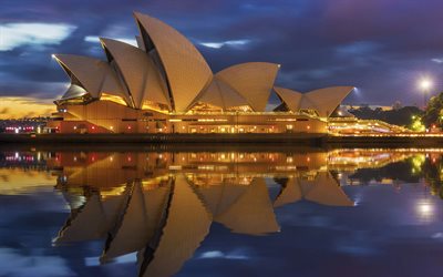 Sydney Opera House e Sydney Harbour, Sydney, sera, tramonto, moderno, architettura, Australia