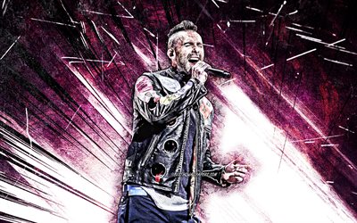 Adam Levine, grunge art, concert, Maroon 5, american singer, music stars, creative, Adam Noah Levine, american celebrity, superstars, Adam Levine with microphone, purple abstract rays, Adam Levine 4K