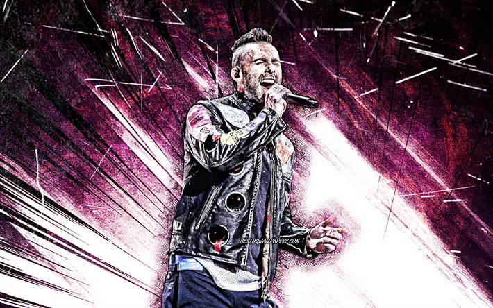 Adam Levine, grunge art, konsertti, Maroon 5, amerikkalainen laulaja, musiikin t&#228;hdet, luova, Adam Noah Levine, amerikkalainen julkkis, supert&#228;hti&#228;, Adam Levine mikrofoni, violetti abstrakti-s&#228;teilt&#228;, Adam Levine 4K