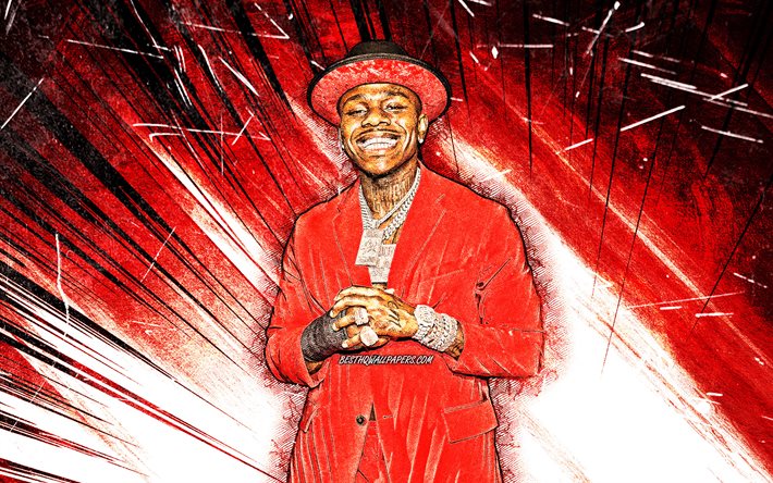 DaBaby, grunge art, american rapper, 4k, music stars, red costume, creative, Jonathan Lyndale Kirk, red abstract rays, american celebrity, DaBaby 4K