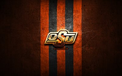 Oklahoma State Cowboys, golden logotyp, NCAA, orange metall bakgrund, amerikansk football club, Oklahoma State Cowboys logotyp, amerikansk fotboll, USA