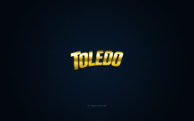 Toledo Rockets logo, American football club, NCAA, yellow logo, blue carbon fiber background, American football, Toledo, Ohio, USA, Toledo Rockets