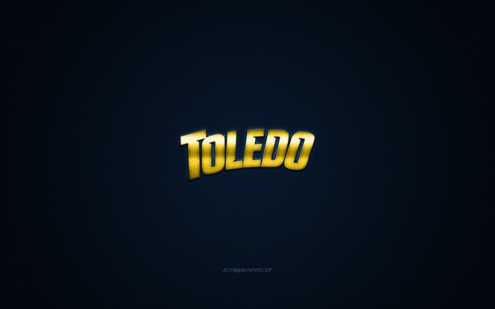 Toledo Rockets logosu, Amerikan Futbol Kul&#252;b&#252;, NCAA, sarı logosu, mavi karbon fiber arka plan, Amerikan Futbolu, Toledo, Ohio, ABD, Toledo Rockets