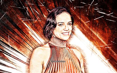4k, Michelle Rodriguez, grunge art, american celebrity, movie stars, beauty, brown abstract rays, Mayte Michelle Rodriguez, american actress, superstars, Michelle Rodriguez 4K