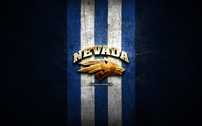 Nevada Wolf Pack, golden logo, NCAA, blue metal background, american football club, Nevada Wolf Pack logo, american football, USA
