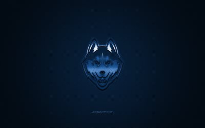 UConn Huskies logo, American football club, NCAA, blue logo, blue carbon fiber background, American football, Storrs, Connecticut, USA, UConn Huskies, Connecticut Huskies