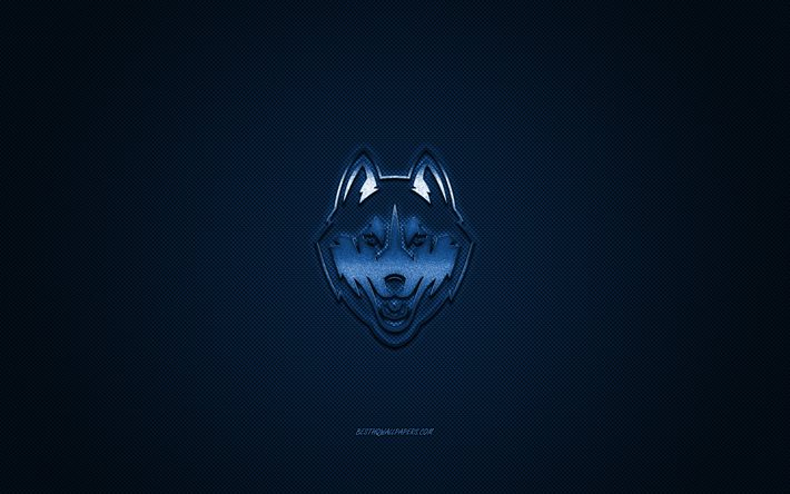 UConn Huskies logo, American football club, NCAA, blue logo, blue carbon fiber background, American football, Storrs, Connecticut, USA, UConn Huskies, Connecticut Huskies