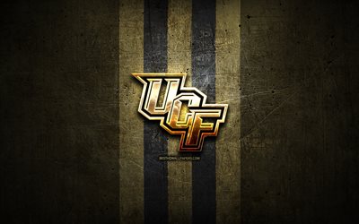 UCF Knights, golden logo, NCAA, brown metal background, american football club, UCF Knights logo, american football, USA