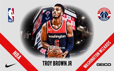 Troy Brown Jr, Washington Wizards, Joueur Am&#233;ricain de Basket, la NBA, portrait, etats-unis, le basket-ball, Capital One Arena, Washington Wizards logo